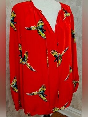 Diane Von Furstenberg DVF 100% Silk Bird Print Blouse Red Long Sleeve Size 12
